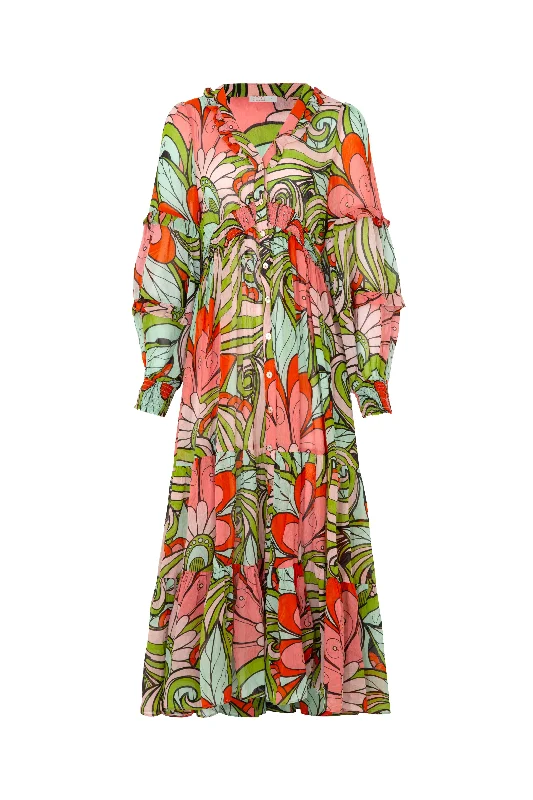 Flowers That Vee Peach Swirl LS Maxi Dress Comfortable Bohemian Maxi Dress