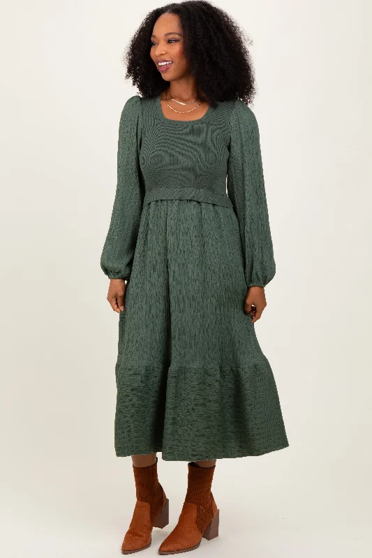 Forest Green Contrast Sweater Top Maxi Dress Fashionable Off-Shoulder Maxi Dress