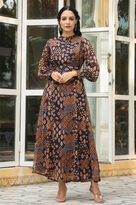 Jashvi Black Ethnic Motif Printed Chiffon Flared Maxi Dress With Buttons. Chic Boho Print Maxi Dress