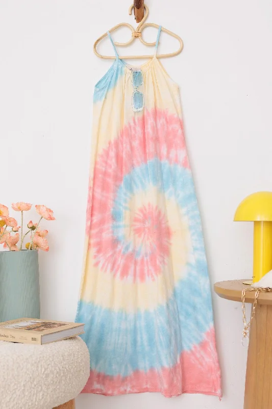 Girls Boho Tie-Dye Sleeveless Maxi Dress Stylish Maxi Dress with Pleats