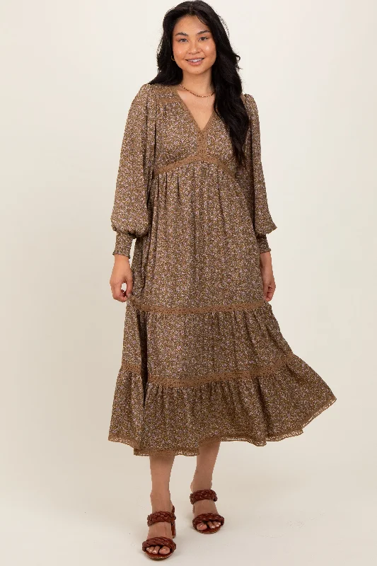 Mocha Floral Lace Trim Bubble Sleeve Maxi Dress Cozy Knitted Maxi Dress