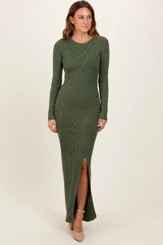 Olive Ribbed Knit Long Sleeve Side Slit Maxi Dress Elegant Maxi Dress with Belt