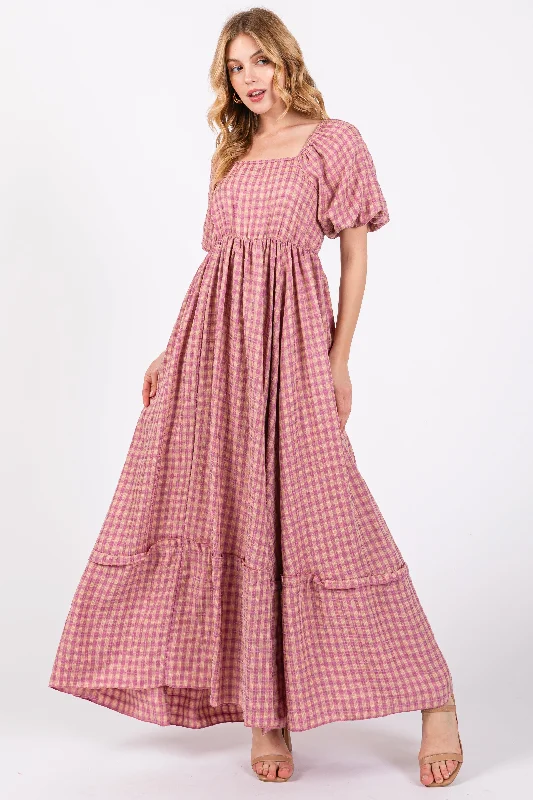 Pink Plaid Puff Sleeve Maxi Dress Elegant Tiered Maxi Dress