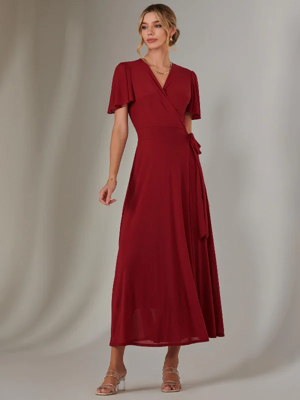 Plain Angel Sleeve Wrapped Maxi Dress, Brick Red Trendy Fit-and-Flare Maxi Dress