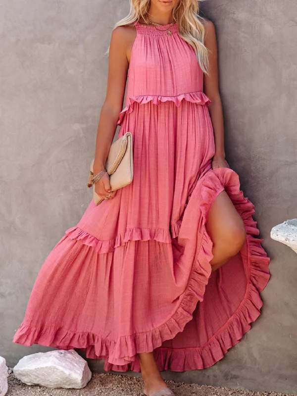 Ruffled Sleeveless Maxi Dress with Pockets Trendy Ruffled Maxi Dress