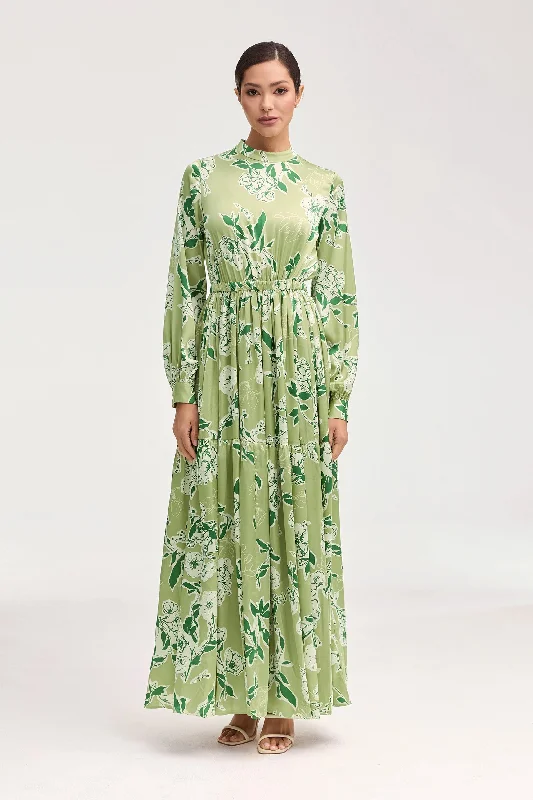 Tuleen Satin Floral Maxi Dress Comfortable Maxi Dress with Belt