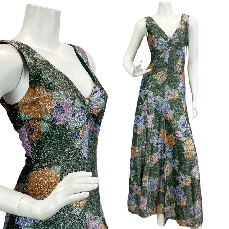 VTG 60s 70s FORREST GREEN ORANGE LILAC FLORAL PARTY DISCO LUREX MAXI DRESS 10 12 Comfortable Plunging Neckline Maxi Dress