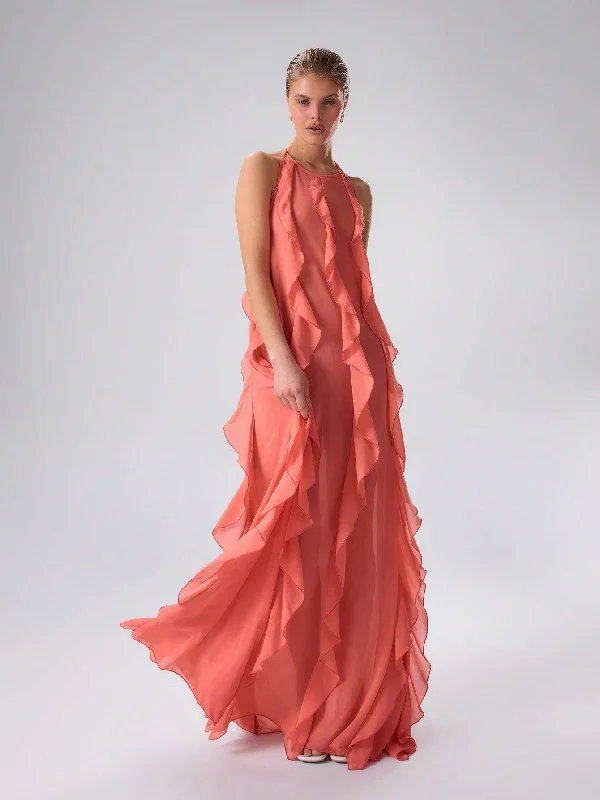 Beautiful Pink Chiffon Ruffle Halter Maxi Dress Elegant Maxi Dress with Slit