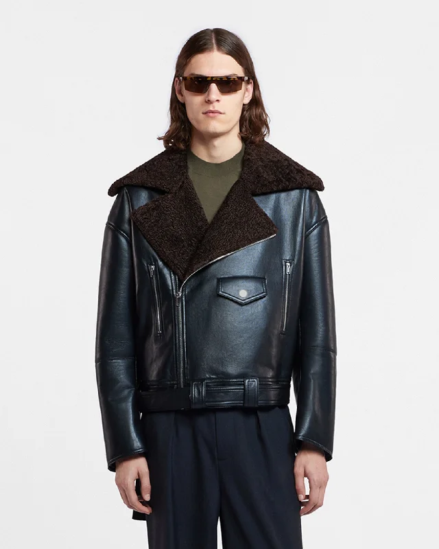 Berti - Regenerated Leather Jacket - Black Brown Tiered Jacket Buttoned Jacket Zippered Jacket Berti - Regenerated Leather Jacket - Black Brown Tiered Jacket Buttoned Jacket Zippered Jacket