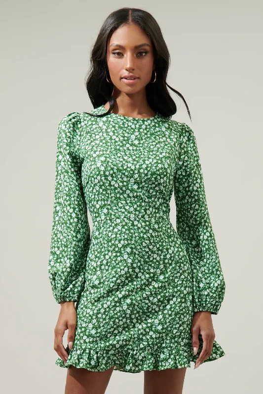 Adieu Floral Ruffle Flounce Mini Dress Stylish Puff Sleeve Mini Dress