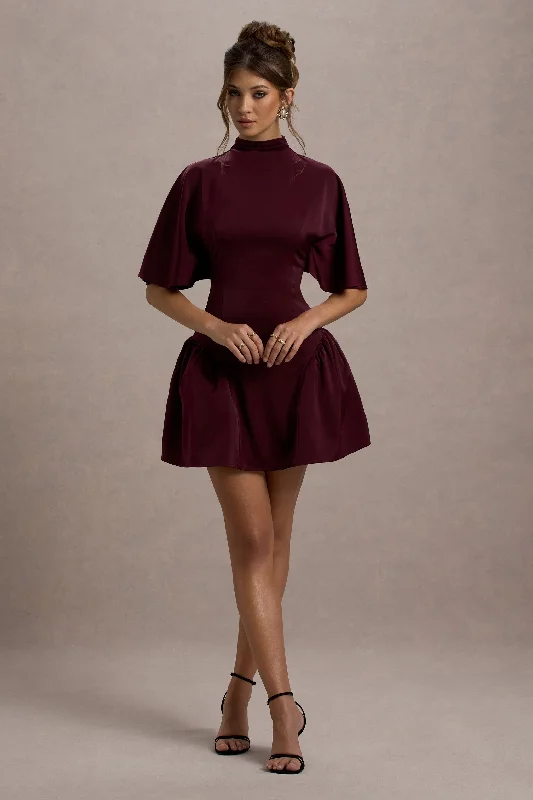 Alva | Burgundy High-Neck Short-Sleeve Mini Dress With Volume Skirt Comfortable Boho Mini Dress