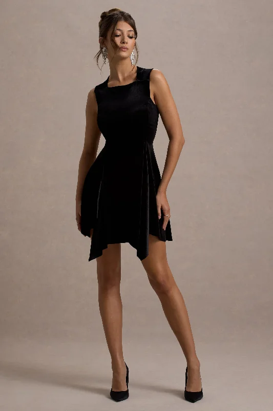 Baker | Black Velvet Draped-Hem Mini Dress Fashionable Button-Front Mini Dress