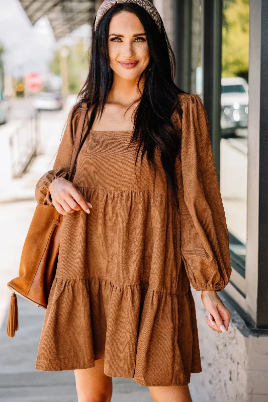 Be The One Brown Corduroy Mini Dress Trendy Mini Dress with Belt