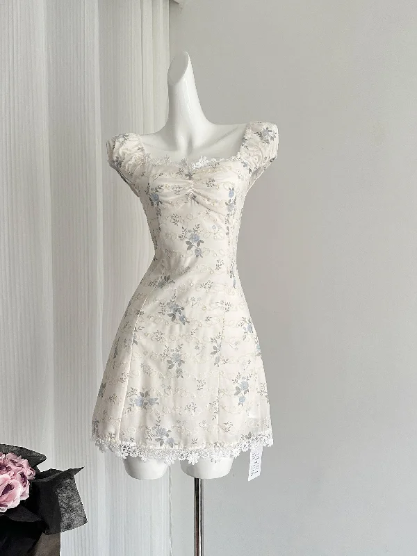 Beige Square Neck Floral Puff Sleeve Mini Dress Elegant Satin Lace Mini Dress