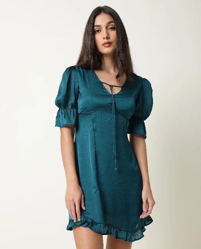 Rareism Women Betty Green V Neck Front Tie Up Short Puff Sleeves With Ruffled Hem Mini Dress Fashionable Button-Front Mini Dress