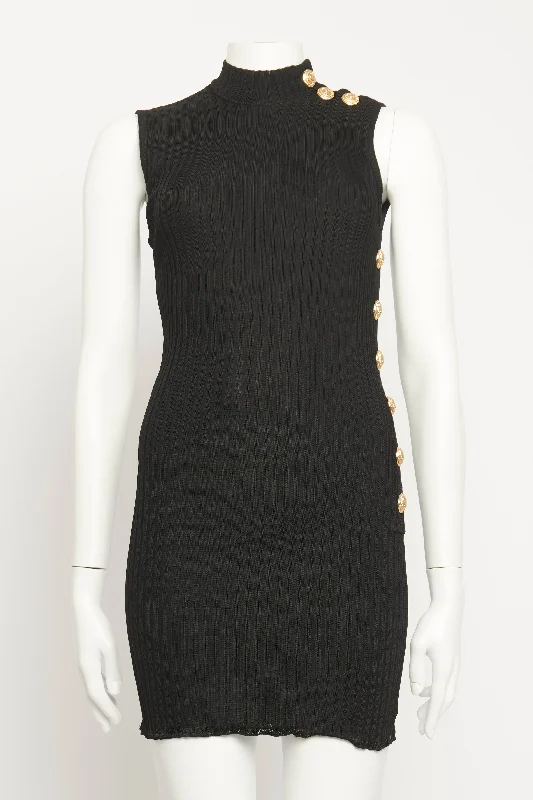 Black Ribbed Preowned Mini Dress Fashionable Boho-Chic Mini Dress