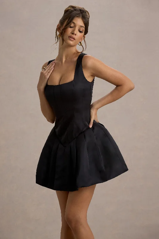 Bramble | Black Satin Square-Neck Puffball Mini Dress Casual High-Waist Mini Dress