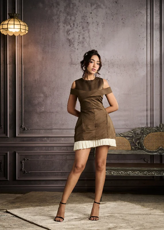 Margret Brown Cold Shoulder Structured Mini Dress Trendy Mini Dress with Belt