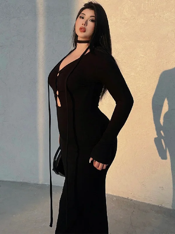 Chloe Solid Color Lace Up Black Long Sleeve Knitted Cut Out Slim Long Mini Dress Elegant Vintage Mini Dress Chloe Solid Color Lace Up Black Long Sleeve Knitted Cut Out Slim Long Mini Dress Elegant Vintage Mini Dress
