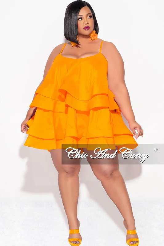 Final Sale Plus Size Spaghetti Strap Tiered Ruffle Mini Dress in Orange Classic Casual Mini Dress Final Sale Plus Size Spaghetti Strap Tiered Ruffle Mini Dress in Orange Classic Casual Mini Dress