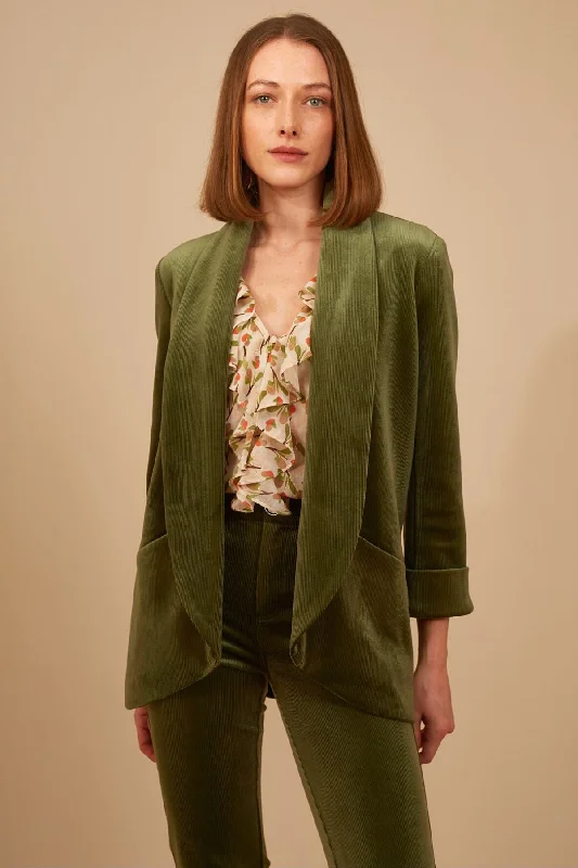 Corrie Bratter Boyfriend Jacket in Green Rayon Fabric Velvet Fabric Corduroy Fabric