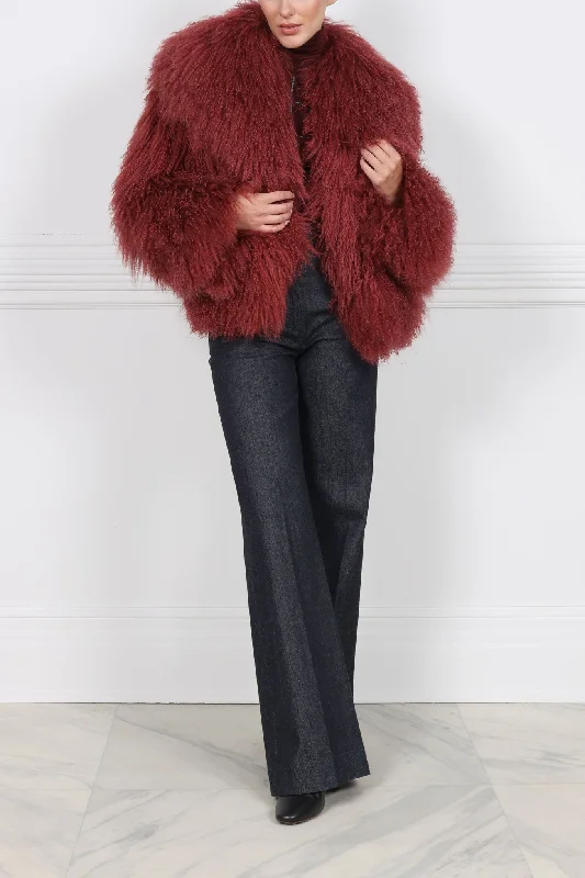 The Brynn Shearling Jacket in Red Print Jacket Jacquard Jacket Patchwork Jacket