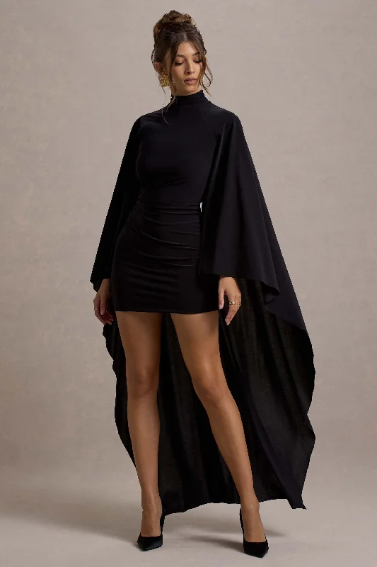 Damia | Black High-Neck Mini Dress With Asymmetric Cape Elegant Satin Lace Mini Dress Damia | Black High-Neck Mini Dress With Asymmetric Cape Elegant Satin Lace Mini Dress