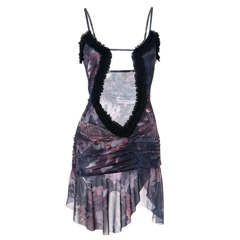 Double layered mesh ruffle hollow out cami cut out mini dress Comfortable Bodycon Mini Dress