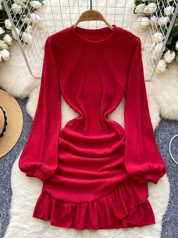 Elegant Ruffled Red Long-Sleeve Mini Dress Trendy Cut-Out Mini Dress