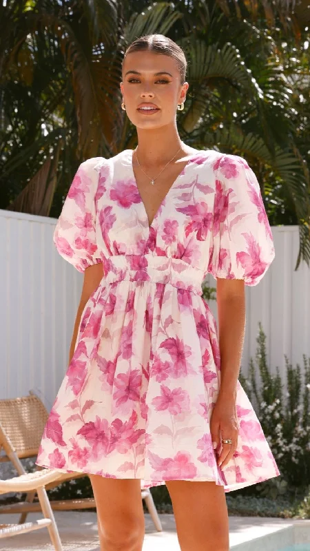 Erin Mini Dress - Pink Floral Cozy Ribbed Mini Dress