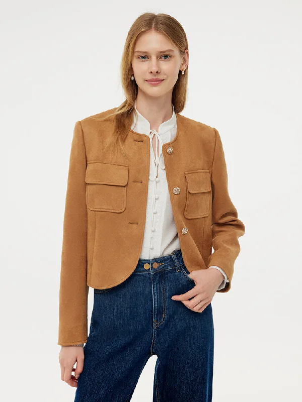 Faux Suede Round Neck Women Jacket Zip Front Button Front Snap Front