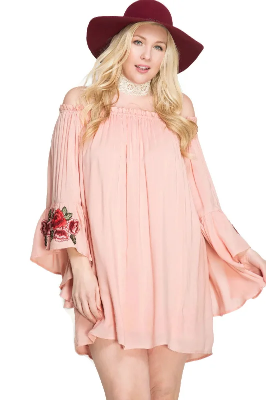 Floral Embroidered Off The Shoulder Mini Dress, Blush Trendy Crossover Mini Dress