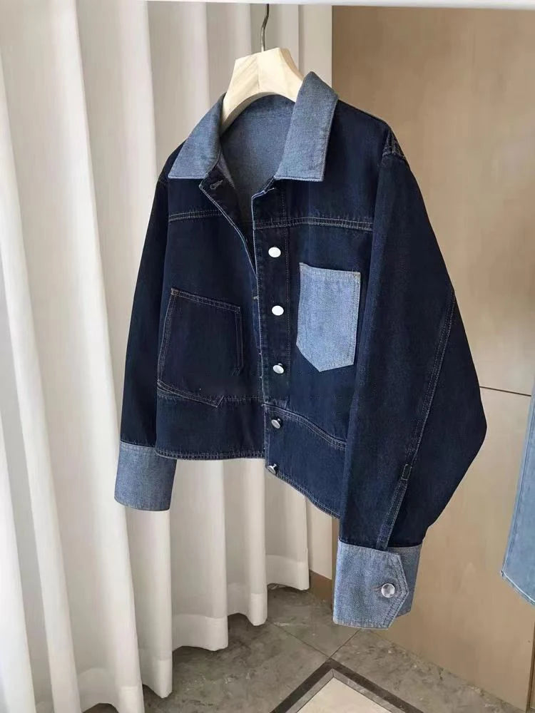 GETADME Retro Contrasting Color Laple Denim Jacket for Women 2024 Autumn New Loose Single-breasted Coats Casual Versatile Short Top Knit Jacket Woven Jacket Fleece Jacket GETADME Retro Contrasting Color Laple Denim Jacket for Women 2024 Autumn New Loose Single-breasted Coats Casual Versatile Short Top Knit Jacket Woven Jacket Fleece Jacket