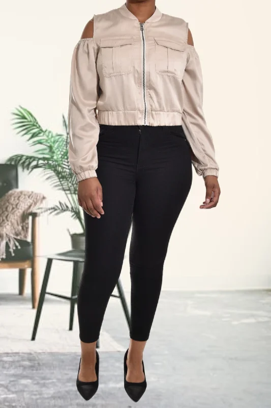 Cream Zip Back Crop Jacket Nylon Fabric Polyester Fabric Spandex Fabric