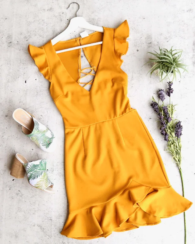 Girl Next Door Ruffle Sleeve Tie Back Mini Dress in Mustard Chic Puff Sleeve Mini Dress Girl Next Door Ruffle Sleeve Tie Back Mini Dress in Mustard Chic Puff Sleeve Mini Dress