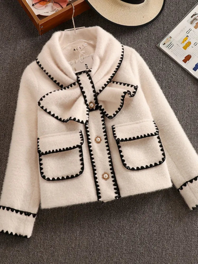 Getadme High Quality Women White Bow Mink Jacket Coat For Female Slim Patchwork Pocket Outerwear Ladies Wool Short Coat Winter Clothes Fleece Jacket Down Jacket Parka Getadme High Quality Women White Bow Mink Jacket Coat For Female Slim Patchwork Pocket Outerwear Ladies Wool Short Coat Winter Clothes Fleece Jacket Down Jacket Parka