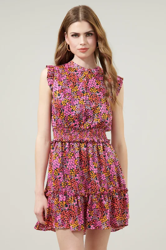 Hitachi Flamingo Floral Merrick Sleeveless Button Front Mini Dress Elegant Tulle Mini Dress
