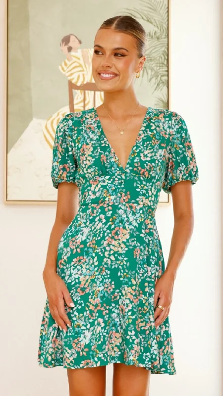 Itzel Mini Dress - Green Floral Cozy Cotton Mini Dress