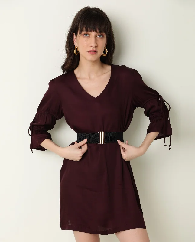 Rareism Women Jamm Maroon V Neck 3/4 Sleeves With Tie Up Mini Dress Elegant Sequin Mini Dress