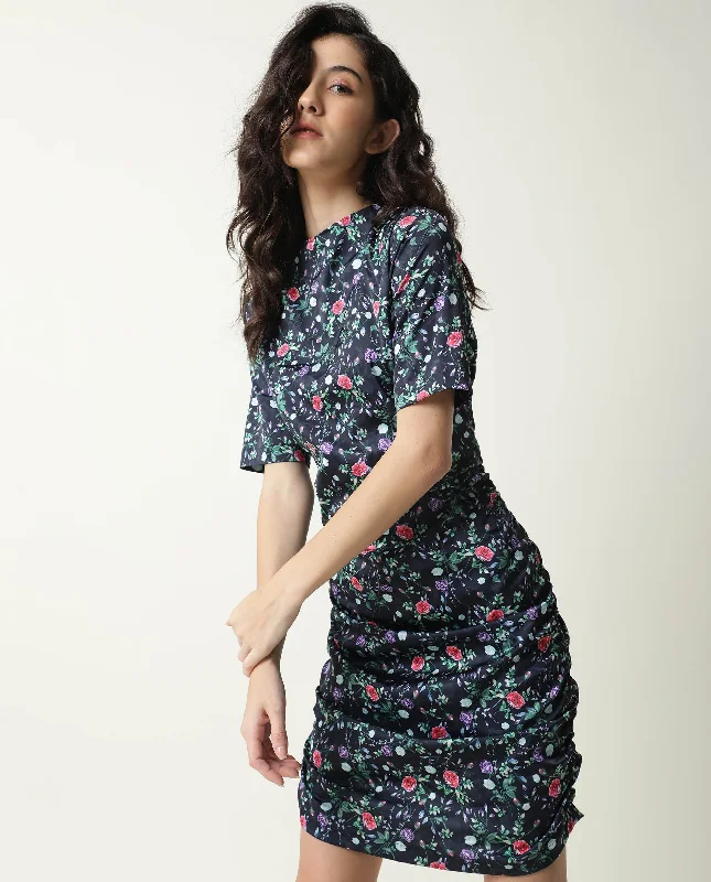 Rareism Women John Navy Floral Print High Neck Short Sleeves Ruching At Sides And Back With Back Zip Closure Mini Dress Stylish Short Sleeve Mini Dress Rareism Women John Navy Floral Print High Neck Short Sleeves Ruching At Sides And Back With Back Zip Closure Mini Dress Stylish Short Sleeve Mini Dress