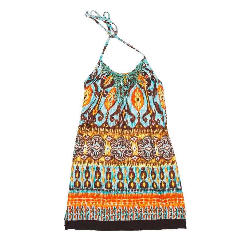 KAYS Y2K Tropical Mini Dress Blue Crazy Pattern Sleeveless Short Womens UK 10 Elegant Satin Lace Mini Dress