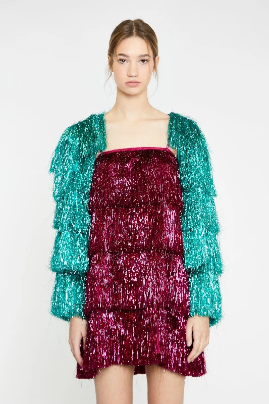 Teal Tinsel Fringe Jacket Faux Fur Jacket Real Fur Jacket Shearling Jacket