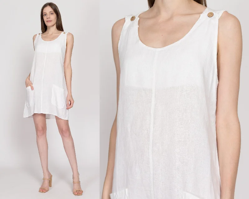 Large 90s White Linen Pinafore Mini Dress Cozy Long Sleeve Mini Dress