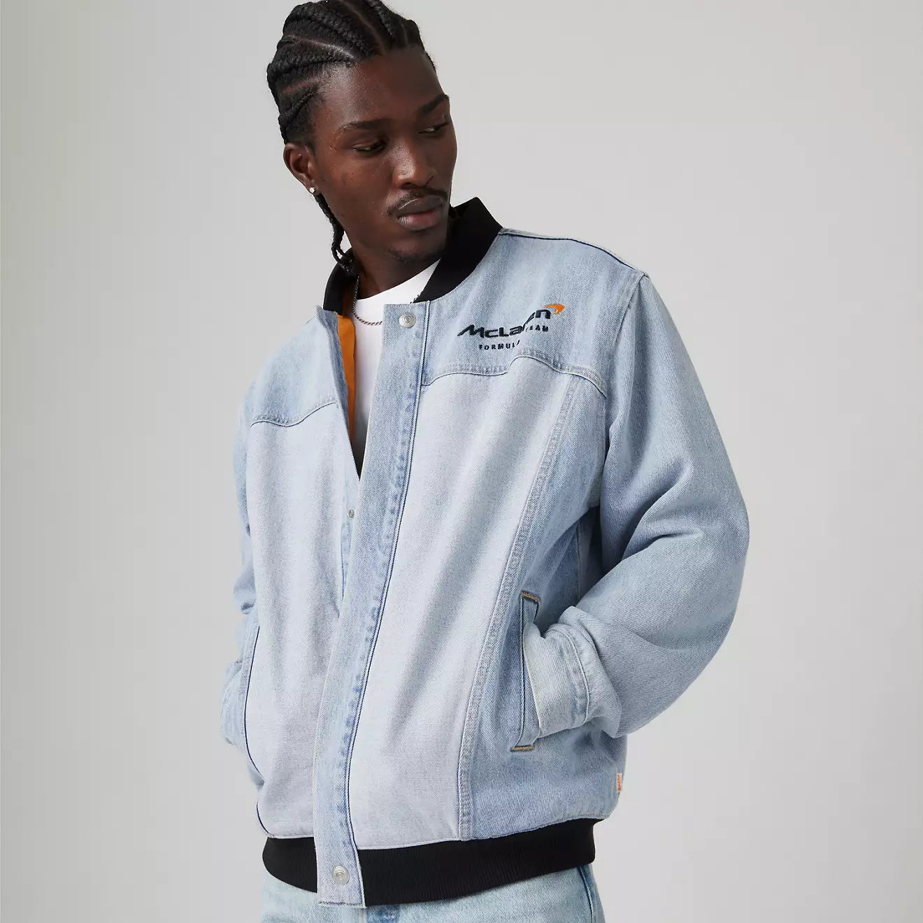 Levi's® x McLaren Racing Track Trucker Jacket One-Shoulder Jacket Off-the-Shoulder Jacket Asymmetrical Jacket Levi's® x McLaren Racing Track Trucker Jacket One-Shoulder Jacket Off-the-Shoulder Jacket Asymmetrical Jacket