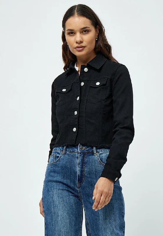 DSLola Cropped Denim Jacket - Black Plaid Jacket Tartan Jacket Houndstooth Jacket