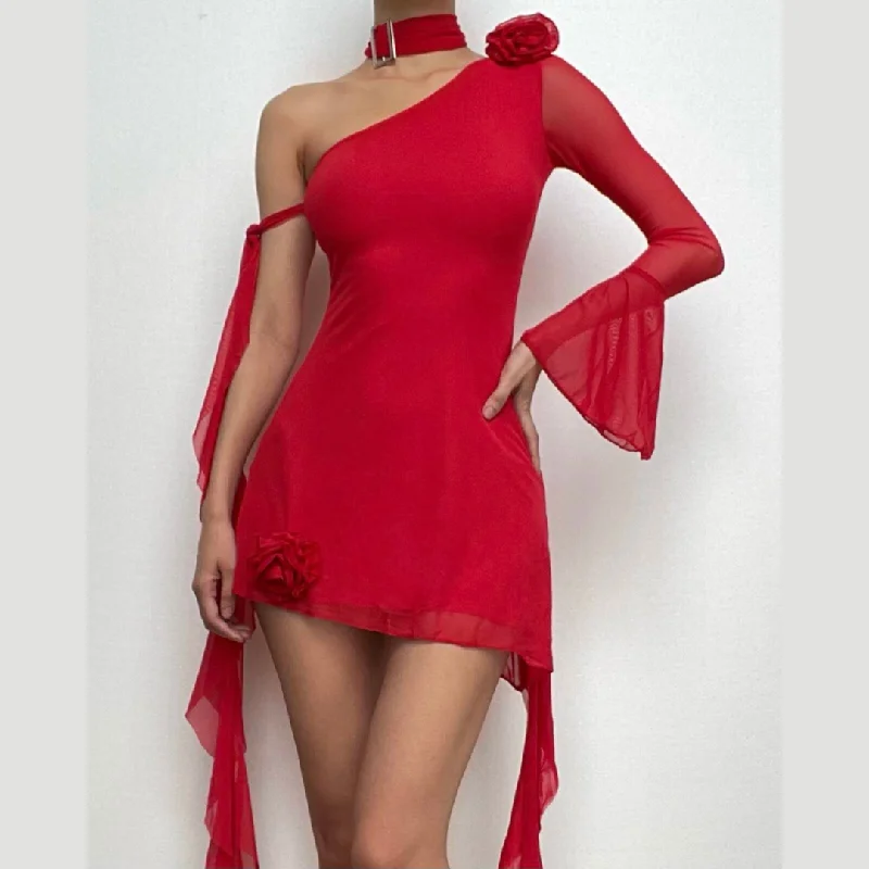 Long flared sleeve one shoulder ruffle flower applique mesh mini dress Cozy Knit Mini Dress