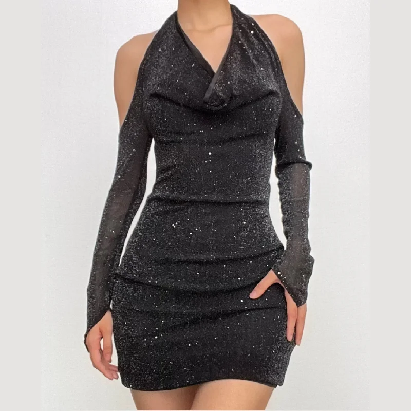 Long sleeve off shoulder halter cowl neck glitter mesh mini dress Elegant Satin Lace Mini Dress