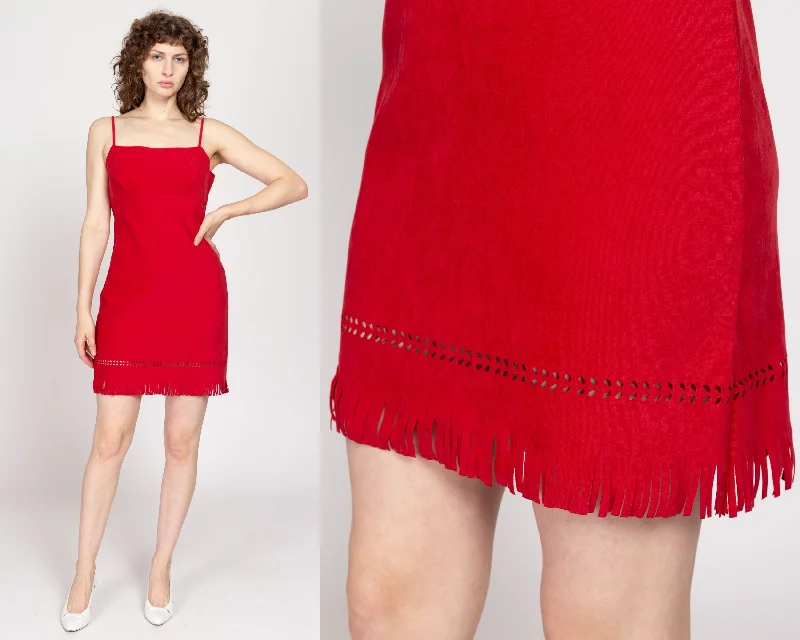Med-Lrg 90s Red Fringe Ultrasuede Mini Dress Fashionable Boho-Chic Mini Dress