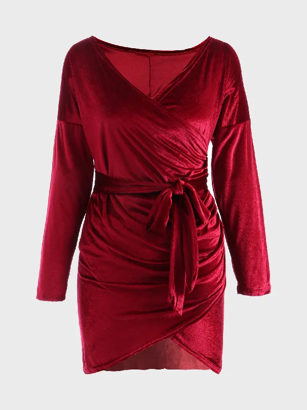 Midsize Lush Velvet Deep-V Mini Dress Cozy Satin Mini Dress