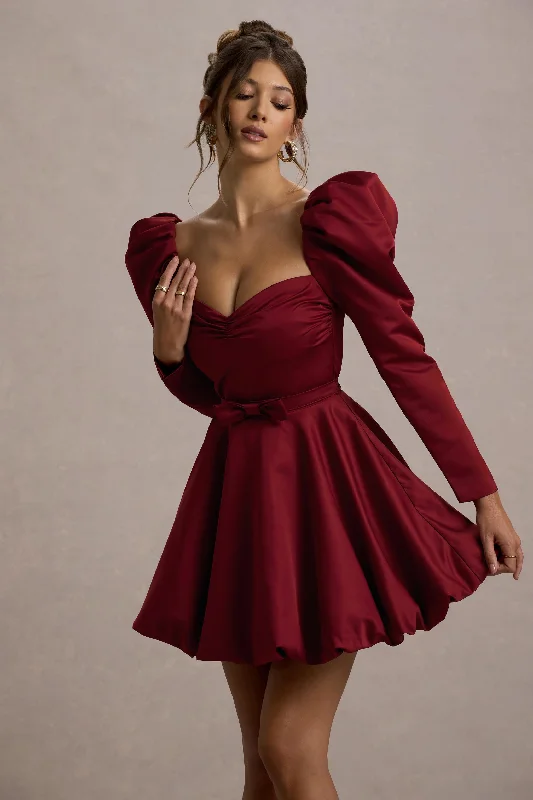 Murphy | Burgundy Satin Belted Mini Dress With Puff Sleeves Fashionable Lace-Trim Mini Dress
